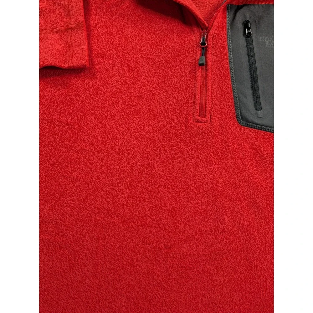 The North Face Mens Large Red Quarter Zip Fleece Pullover Grey Chest Pocket L